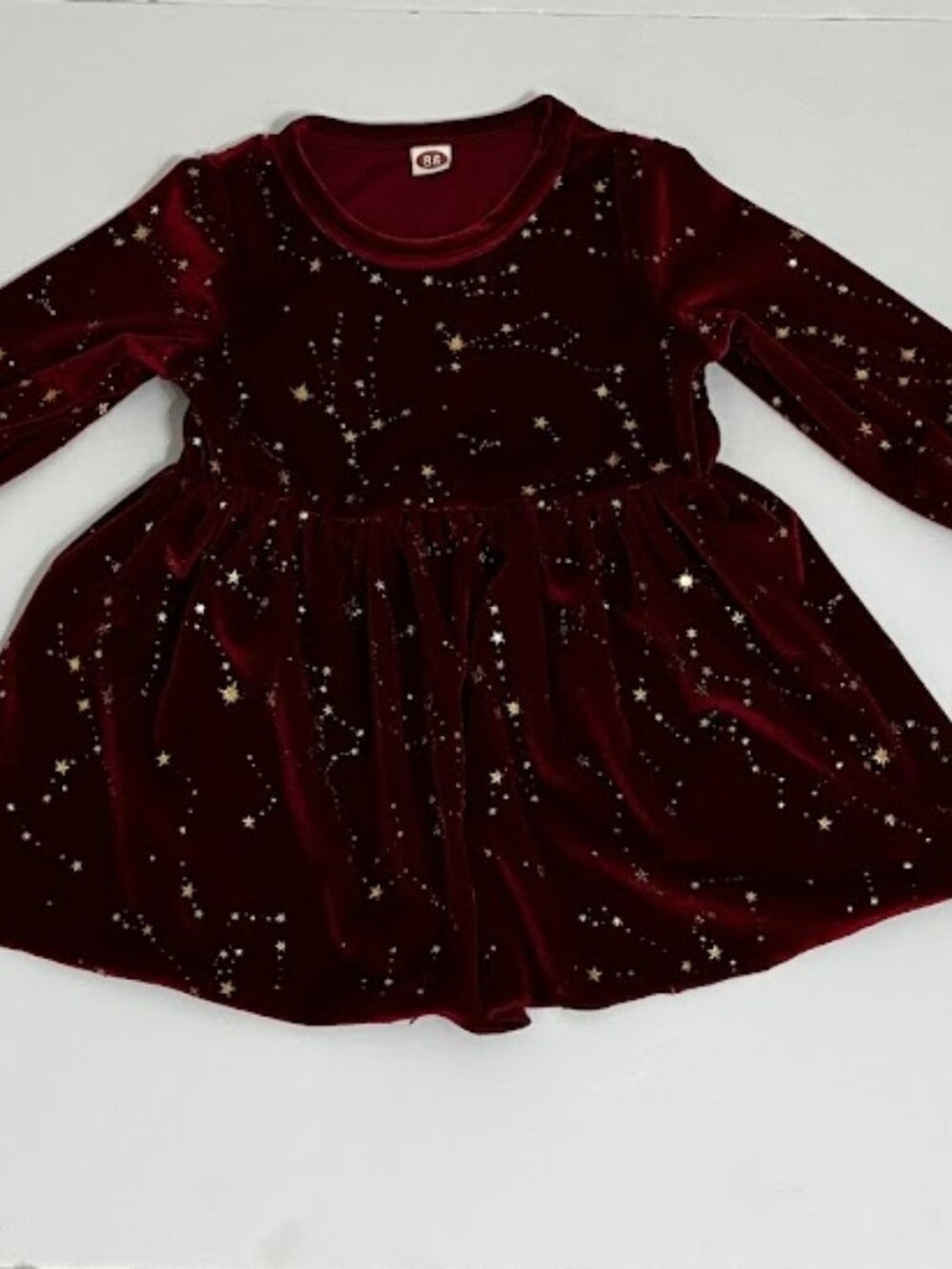 Toddler Girls Burgundy Star Print Dress – Long Sleeve Gold Stars – Holiday Party